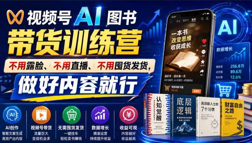 繁花视频号AI图书带货训练营，不用露脸、不用直播、不用囤货发货，做好内容就行，一条爆款视频佣金8942